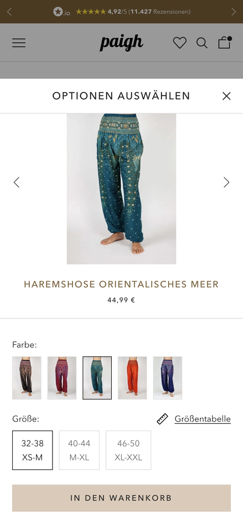 Screenshot mit Haremshose in Grün, Preis 44,99 €, Größenoptionen 32-38, 40-44, 46-50 auswählbar.