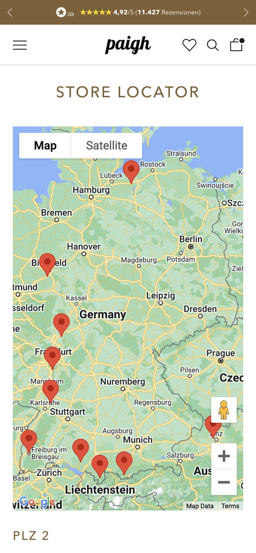 Karte von Deutschland mit rot markierten geografischen Standorten der Geschäfte.