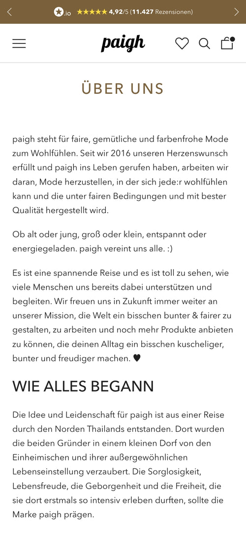 Über uns: Text erklärt die Marke paigh und ihre Mission für nachhaltige, faire und bunte Mode.