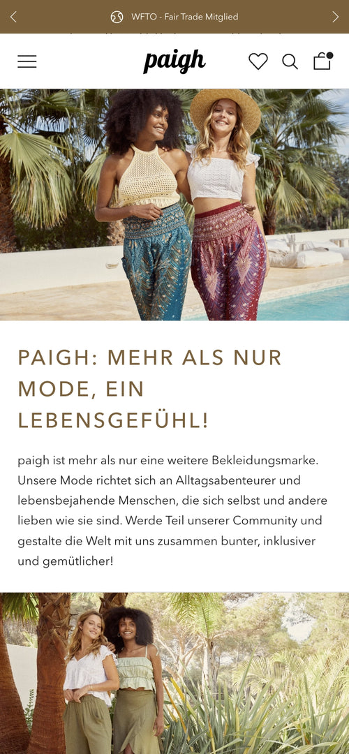 Zwei lächelnde Frauen in Sommerkleidung vor Palmen, darunter Statement zur Markenphilosophie.