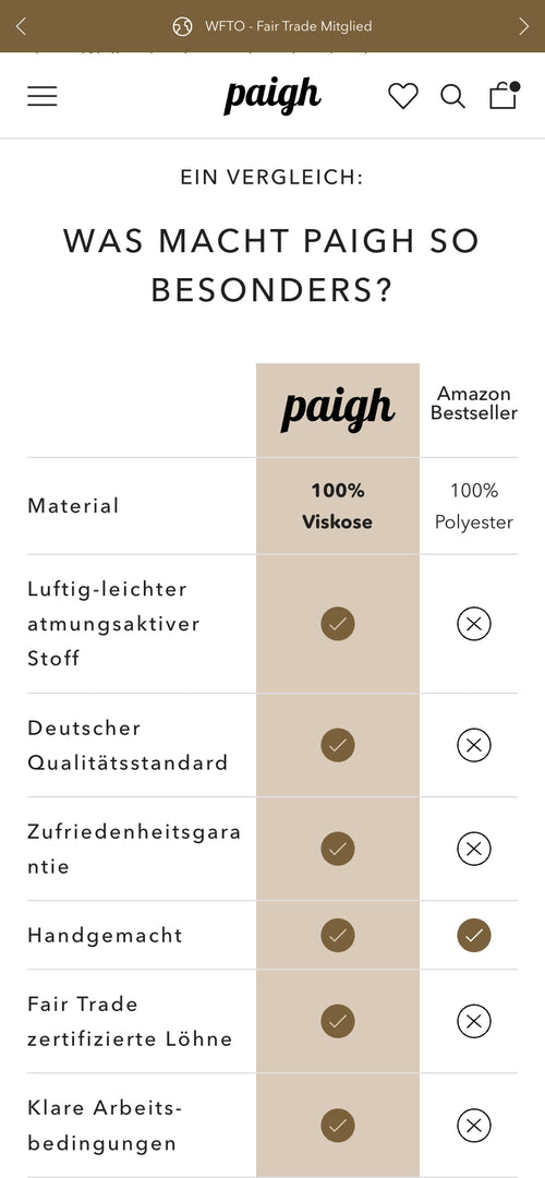 Tabellenvergleich zwischen Paigh Viskose und Amazon Bestseller Polyester.