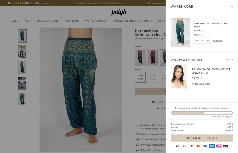 Orientalische Haremshose in Blau mit goldenen Mustern im Warenkorb angezeigt.