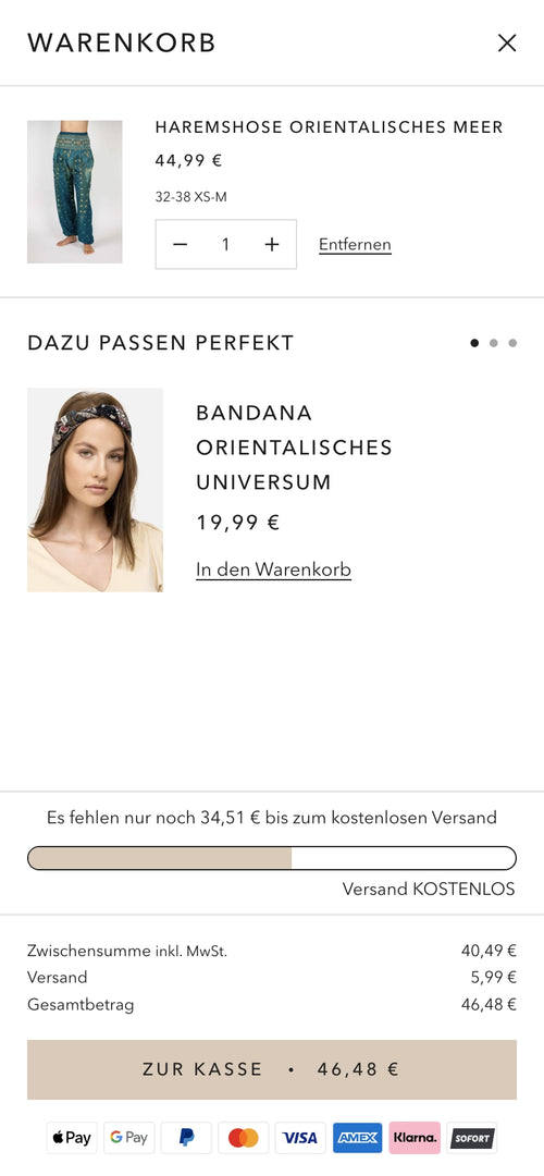 Warenkorb mit einer Haremshose für 44,99 € und Bandana für 19,99 €. Versandkosten berechnen sich.