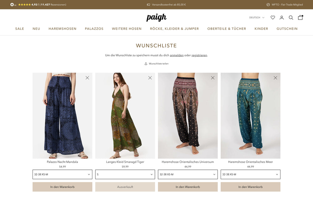 Vier Hosen im Online-Shop mit Preisen und Optionen ausgewählt.