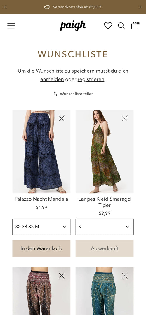 Wunschliste zeigt Palazzo-Hose und langes Kleid mit Preisen, Auswahlgrößen darunter.