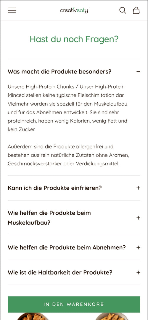 Text über die Besonderheiten der Produkte, keine typische Fleischimitation, für Muskelaufbau und Abnehmen.