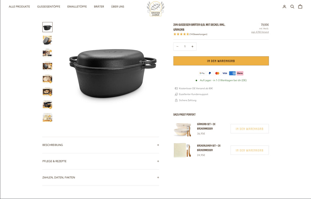Produktseite mit einem Gusseisen Bräter, Preis 79,95 €.