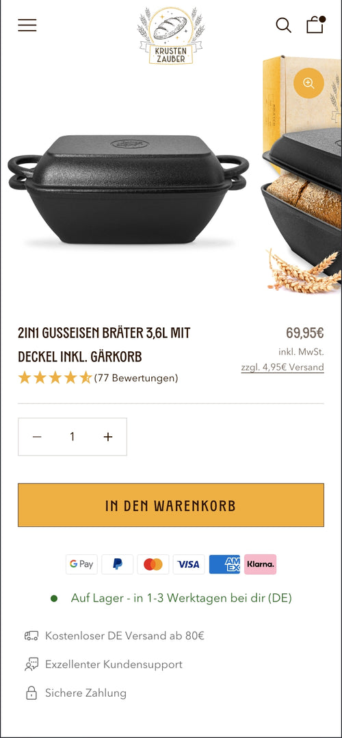 Gusseisen Bräter mit Gärkorb, Preis 69,95€, in den Warenkorb Button und Versandoptionen unten.