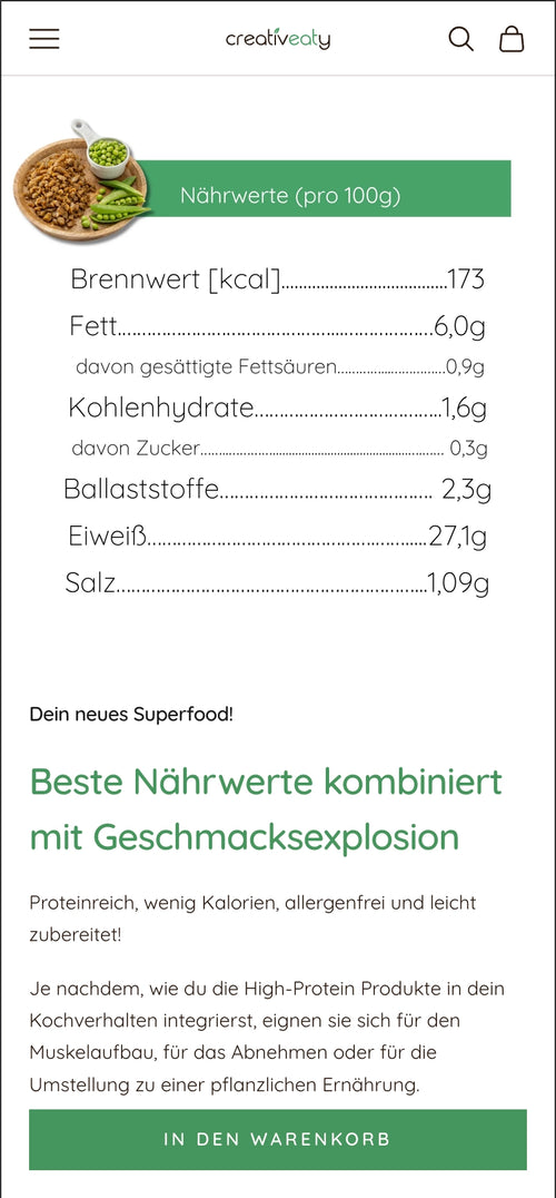 Nährwertangaben pro 100g mit Kalorien, Fett, Kohlenhydrate, Eiweiß, Salz und Beschreibung als Superfood.