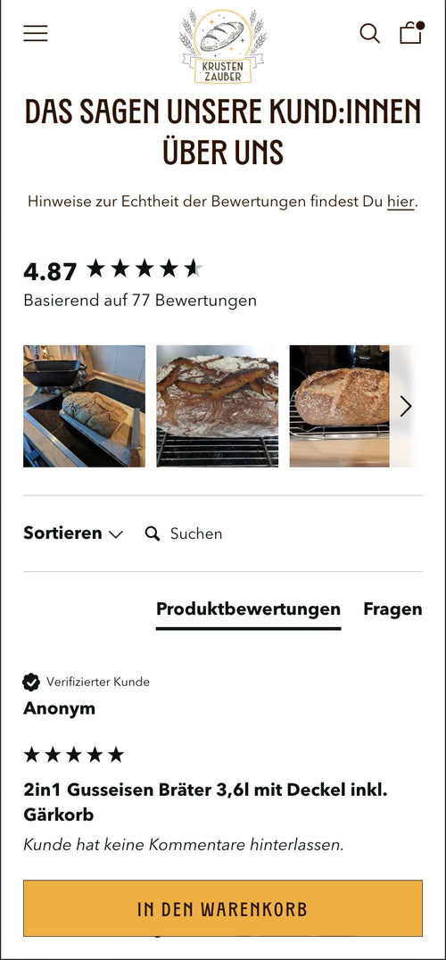 Bewertung 4.87 Sterne, Brotbilder, Produktbewertung mit anonymem Kunden, in den Warenkorb Button.