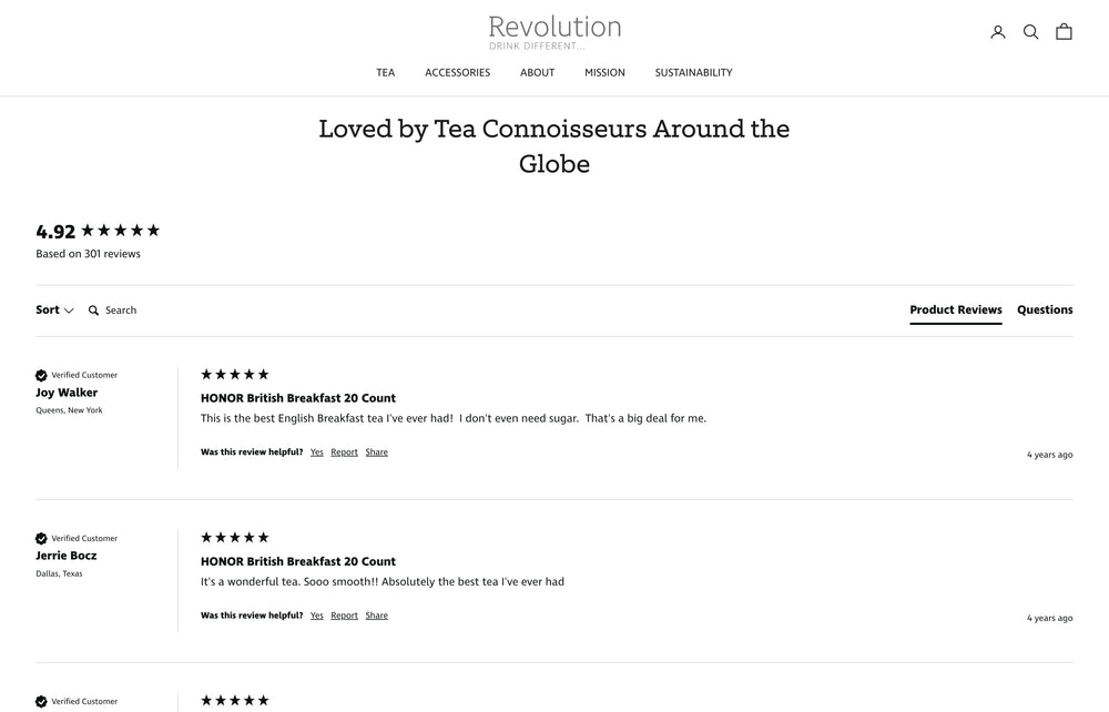 Seite mit Teebewertungen, Bewertungsscore 4,92 von 5.