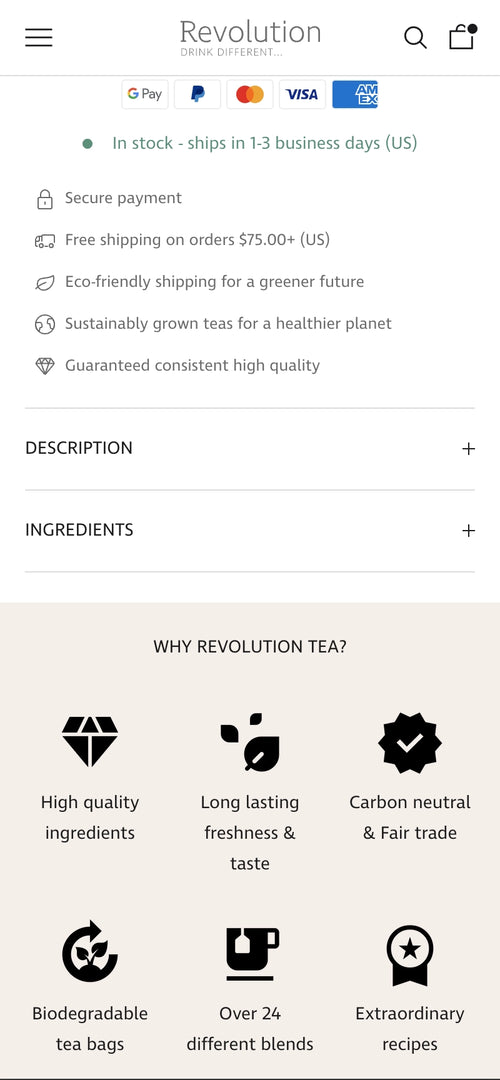 Versandinformationen, Sicherheits- und Nachhaltigkeitsversprechen unten.