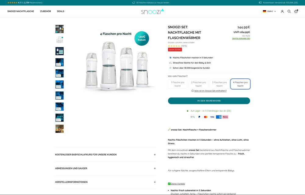 Nachtflaschen-Set mit Preis 146,95€, Auswahloptionen für Flaschen pro Nacht.