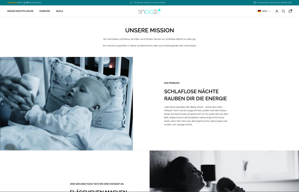 Text über Mission und Schlaflosigkeit, mit Foto eines Babys im Bett.