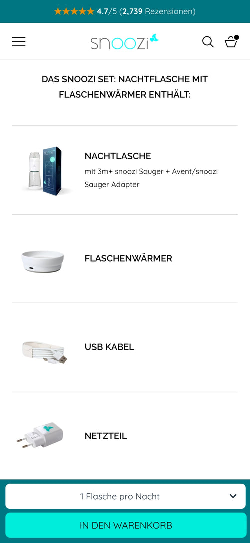 Website mit Produktinformationen zu Nachtflasche, Flaschenwärmer und Zubehör.