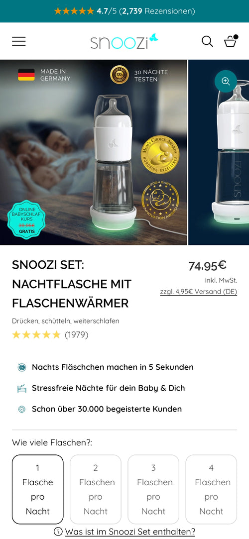 Startseite zeigt ein Baby, das aus einer Flasche trinkt, Text: trinken.