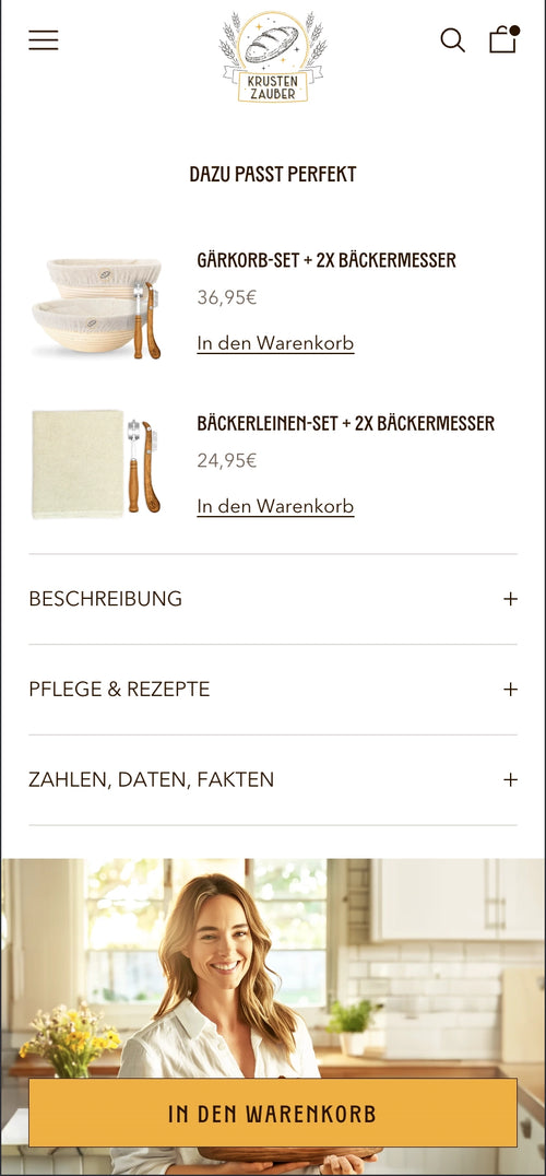 Gärkörbe und Bäckermesser-Set, Preise angegeben, Warenkorb Button unten mit Frau im Hintergrund.