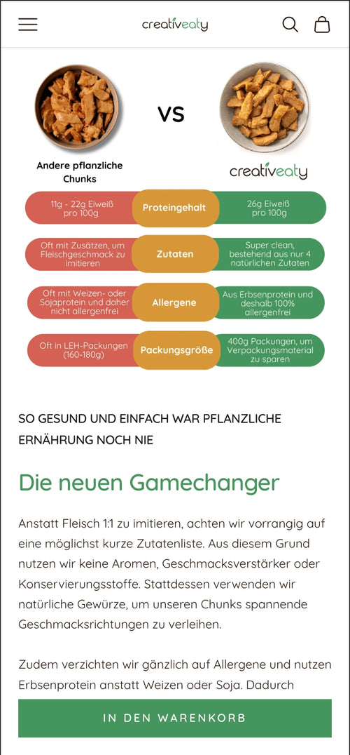 Vergleich zwischen pflanzlichen Chunks und Creatveaty Chunks. Creatveaty als allergenfrei markiert.