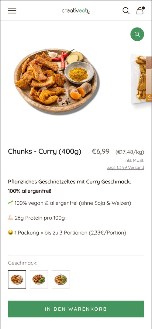 Chunks Curry (400g) mit Preis €6,99 und Beschreibung als pflanzliches Geschmacksgericht, 100% allergenfrei.
