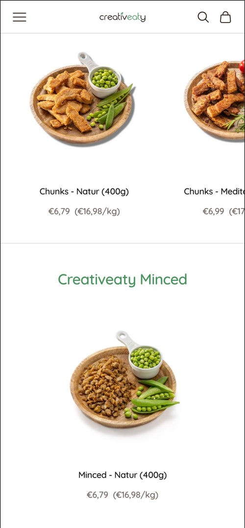 Zwei Teller mit Chunks, je einer mit Erbsen und Zuckererbsen serviert. Preis ab €6,79.