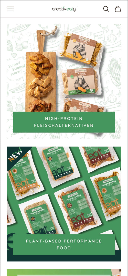 Pflanzliche Chunks auf Holzbrett, darunter Text High-Protein Fleischalternativen und Produktabbildungen.