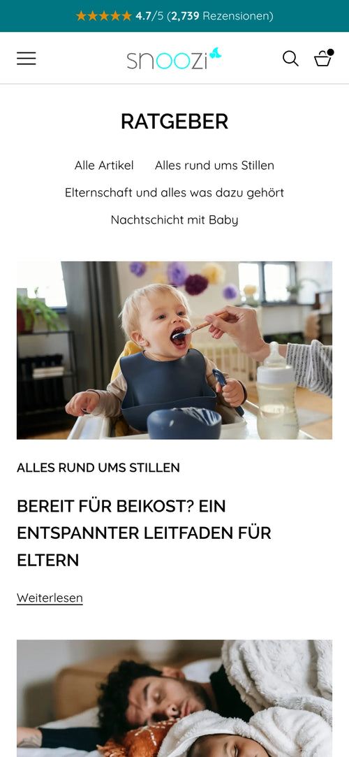 Ratgeberseite mit Überschrift 'Bereit für Beikost?' und Bild von Kind, das gefüttert wird.