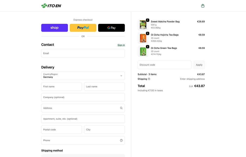 Checkout-Seite mit PayPal, G Pay, Kontaktformular und Bestellübersicht rechts.