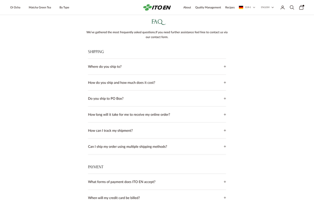 FAQ-Seite mit Fragen zu Versand und Zahlung, wie "Wohin versenden Sie?" in schwarzem Text.