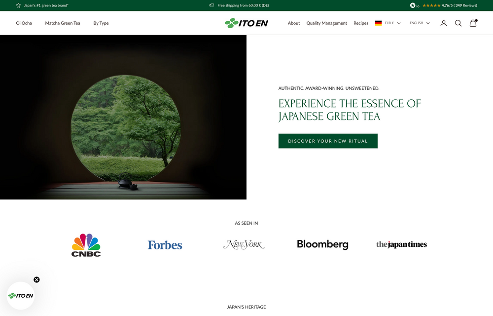 Startseite mit grünem Banner, Logo und Text zu japanischem Grüntee. Logos von CNBC und anderen.