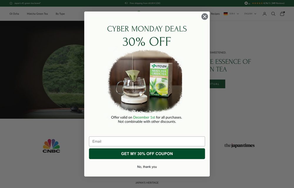 Popup für Cyber Monday Deals 30% Rabatt mit Matcha-Produktbild und E-Mail-Feld.