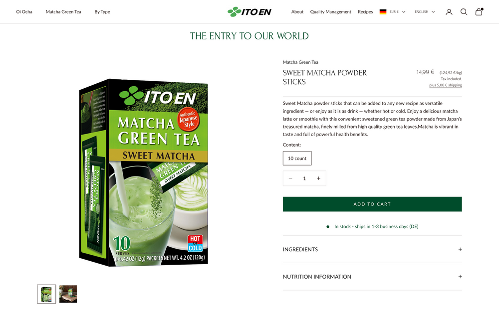 Produktseite für Matcha Green Tea Sweet Matcha Pulverstäbchen, Preis 14,99 €.