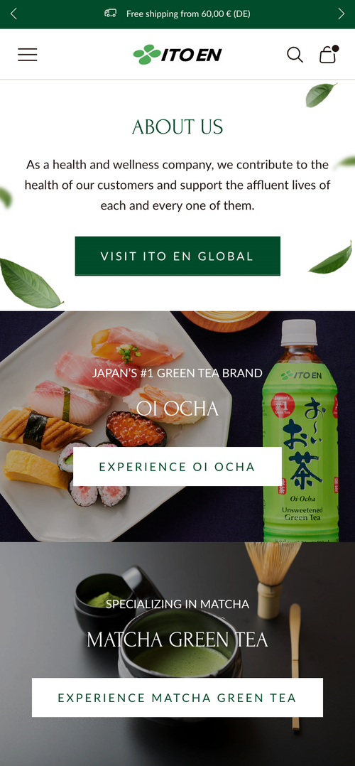 Sushi Gericht und Oi Ocha Flasche mit Text über das Unternehmen.
