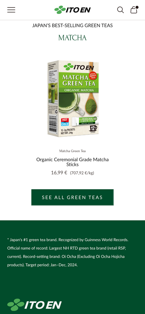 Organic Matcha Green Tea Packung mit Produktbeschreibung und Preis 16,99 €.