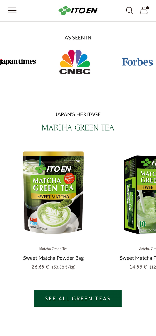 Zwei Matcha Verpackungen mit Preisen und Schaltfläche für weitere Angebote.