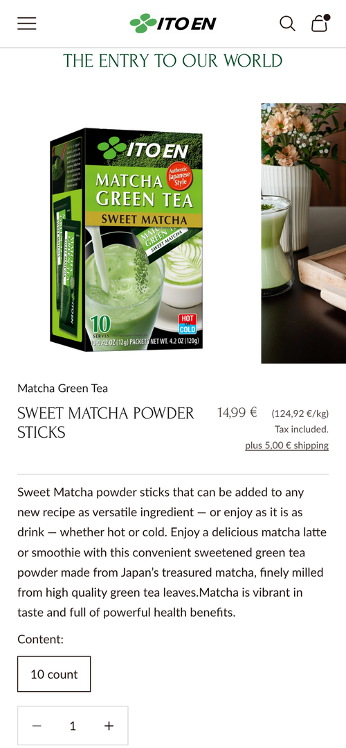 Matcha Verpackung mit Preisangabe und Beschreibung der Stick-Inhalte.