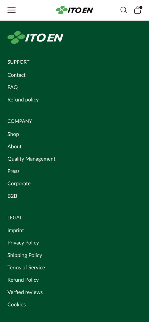 Fußzeile mit Abschnitten: Support, Company, Legal und verschiedenen Links.