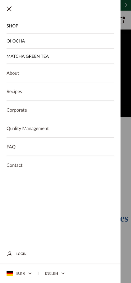 Menüliste mit Einträgen: Shop, OI OCHA, MATCHA GREEN TEA, Kontakt.
