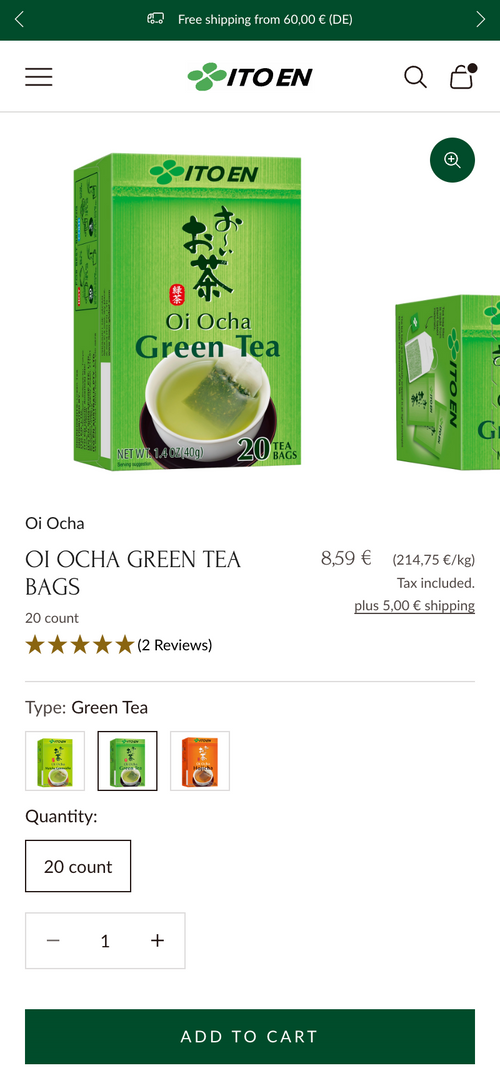 Grüner Teebeutel mit Preisangabe und Auswahl von Packungsgrößen.