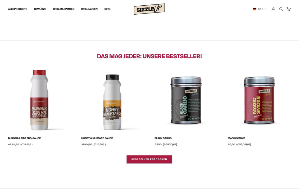 Vier Saucen und Gewürze unter dem Titel 'DAS MAG JEDER: UNSERE BESTSELLER!'