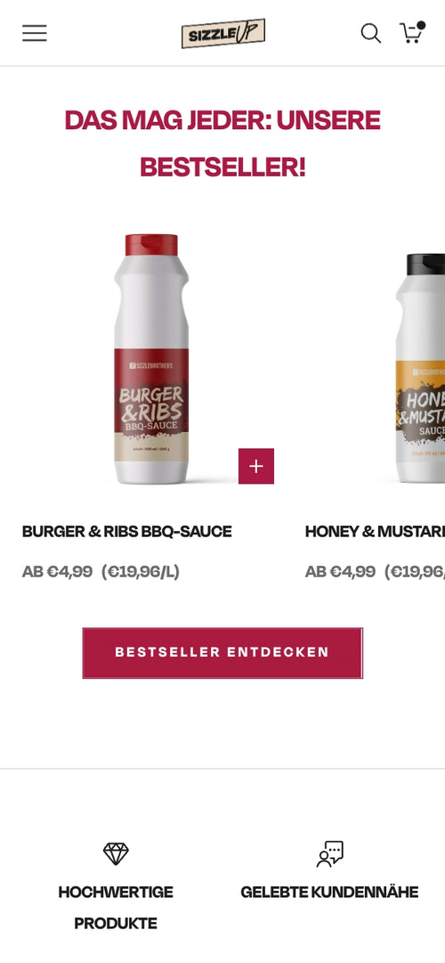 Produktauswahl Bestseller mit Saucenflaschen und Preisen darunter abgebildet.