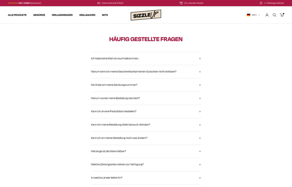 Webseite mit FAQ-Liste in rotem und schwarzem Text auf weißem Hintergrund.