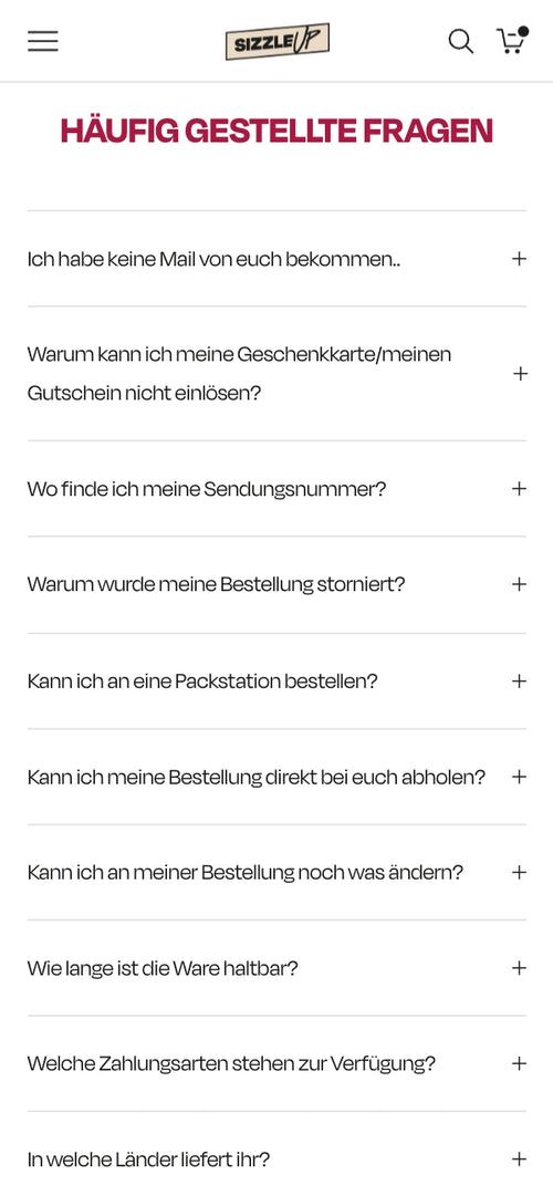 Liste häufig gestellter Fragen mit anklickbaren Optionen in der Tabelle.
