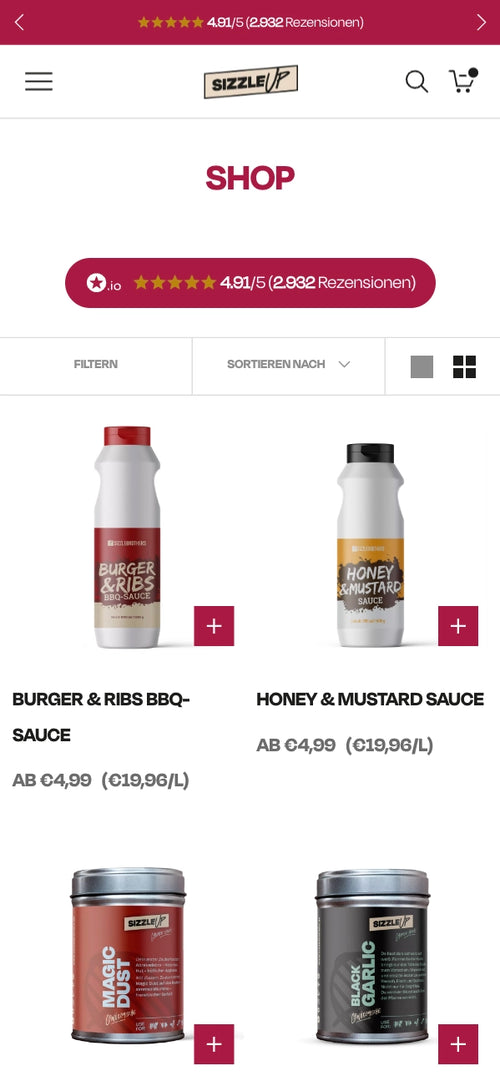 Verschiedene Saucen und Gewürzmischungen mit Preisen.