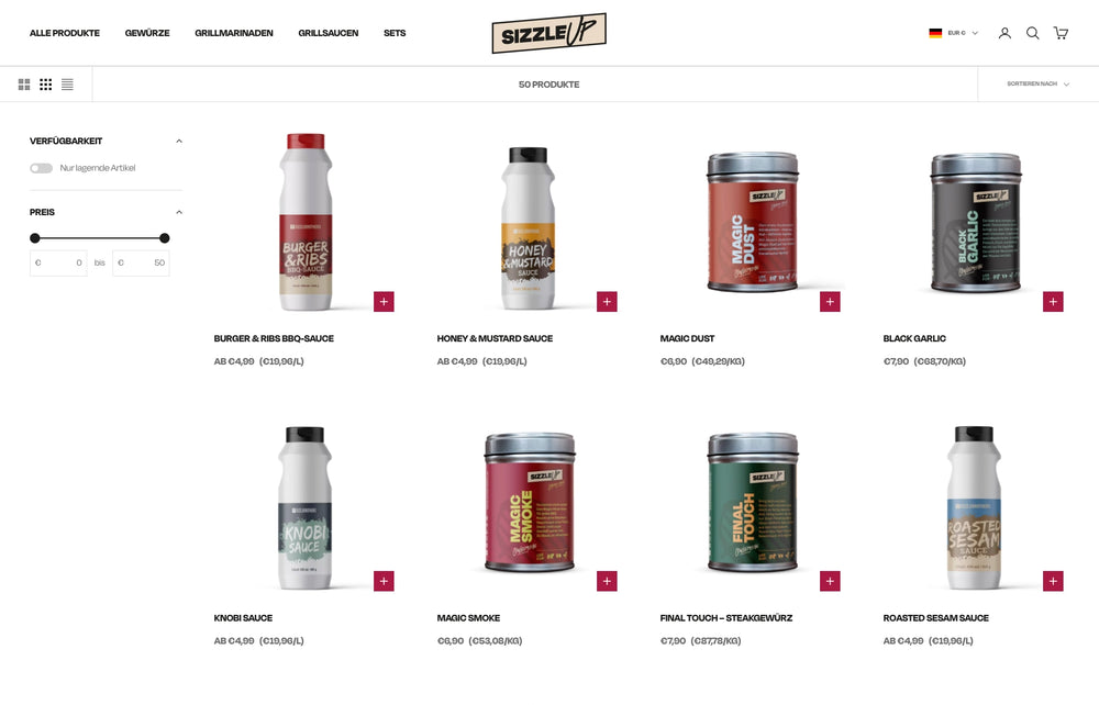 Produktseite mit diversen Saucen und Gewürzen, Preisfilter links.