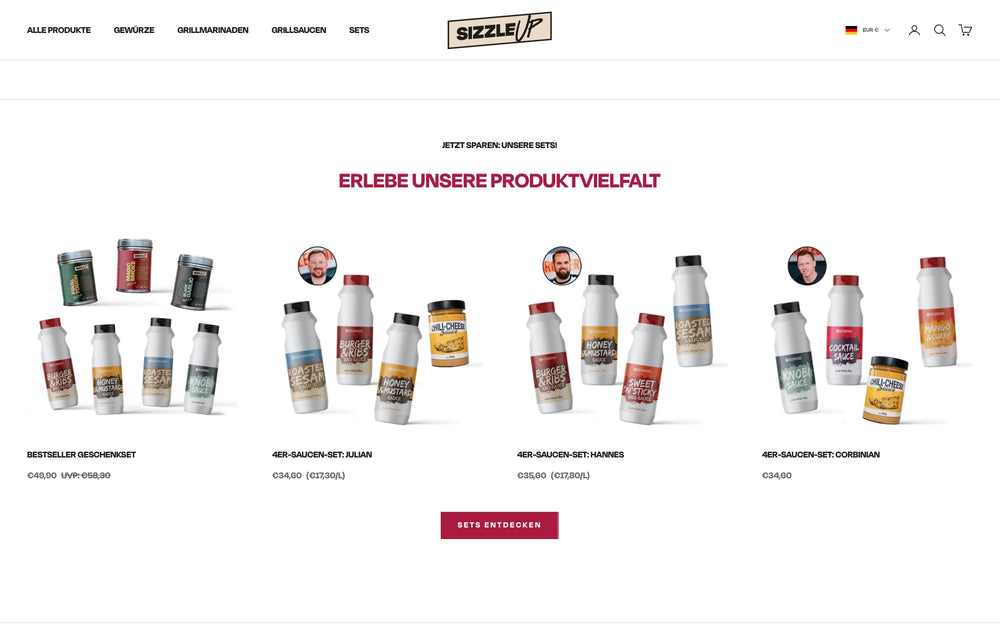 Diverse Saucen- und Gewürzsets unter dem Titel 'ERLEBE UNSERE PRODUKTVIELFALT'.