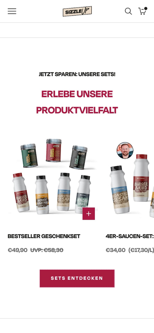 Text: "JETZT SPAREN: UNSERE SETS! ERLEBE UNSERE PRODUKTVIELFALT BESTSELLER GESCHENKSET 4ER-SAU