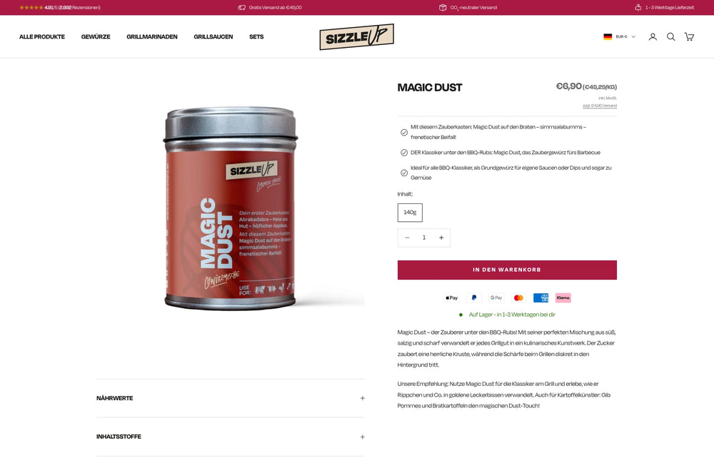 Produktseite mit rotem Gewürzbehälter, Beschreibung und Auswahlfeld.