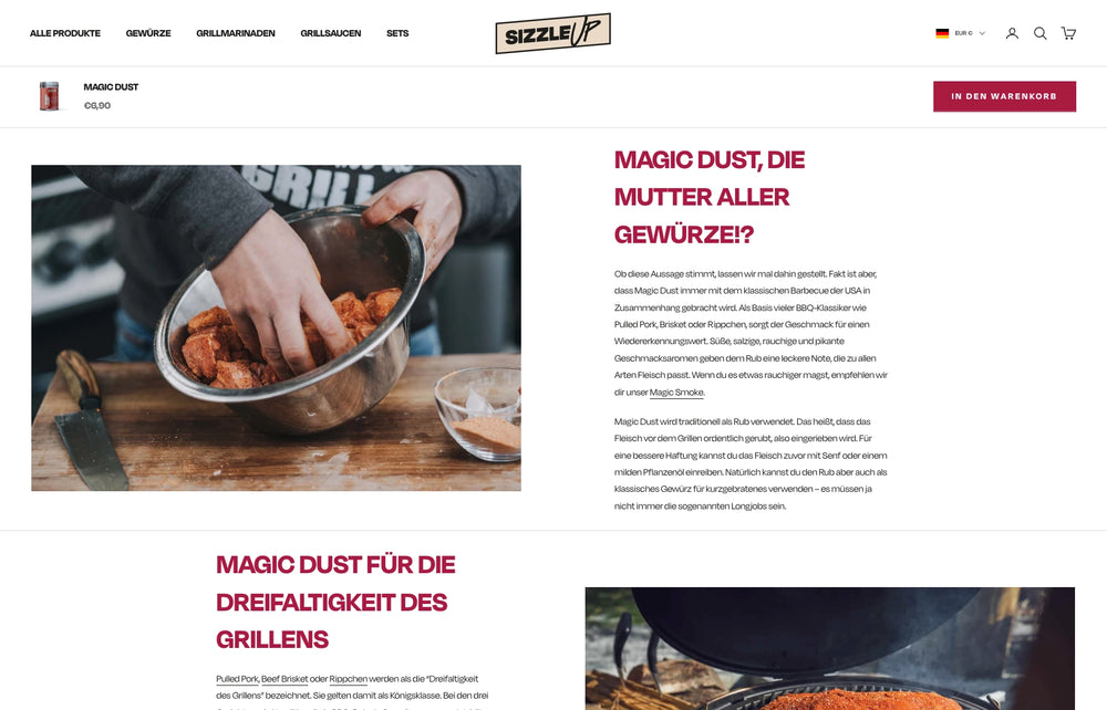 Hände würzen Fleisch in einer Metallschüssel, Text 'Magic Dust, die Mutter aller Gewürze'.