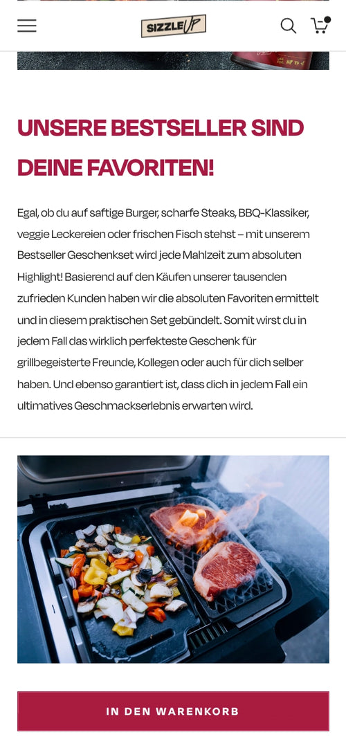 Gegrilltes Steak und Gemüse auf einem Grill mit Flammen. Text: In den Warenkorb.