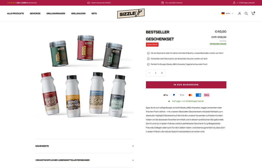 Verschiedene Gewürzdosen und Flaschen auf weißem Hintergrund, Text 'Bestseller Geschenkset'.